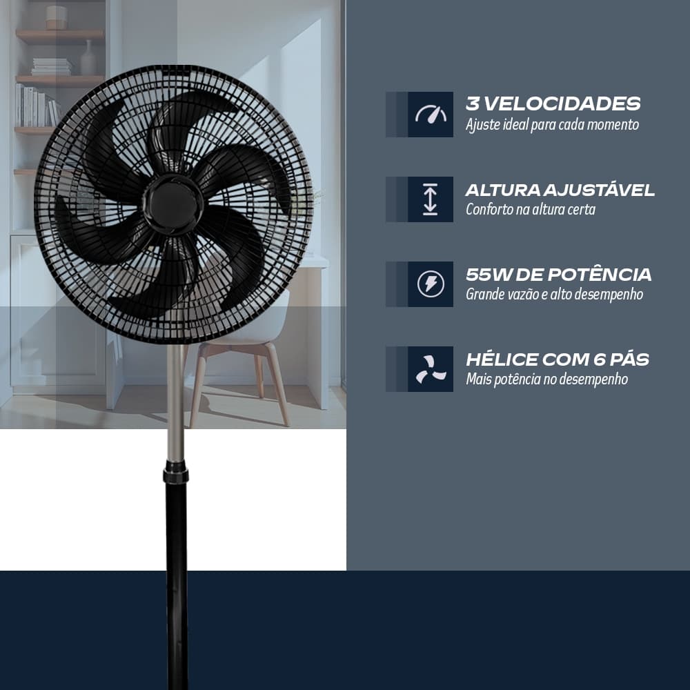 Ventilador 30Cm De Coluna 55W Preto 127V