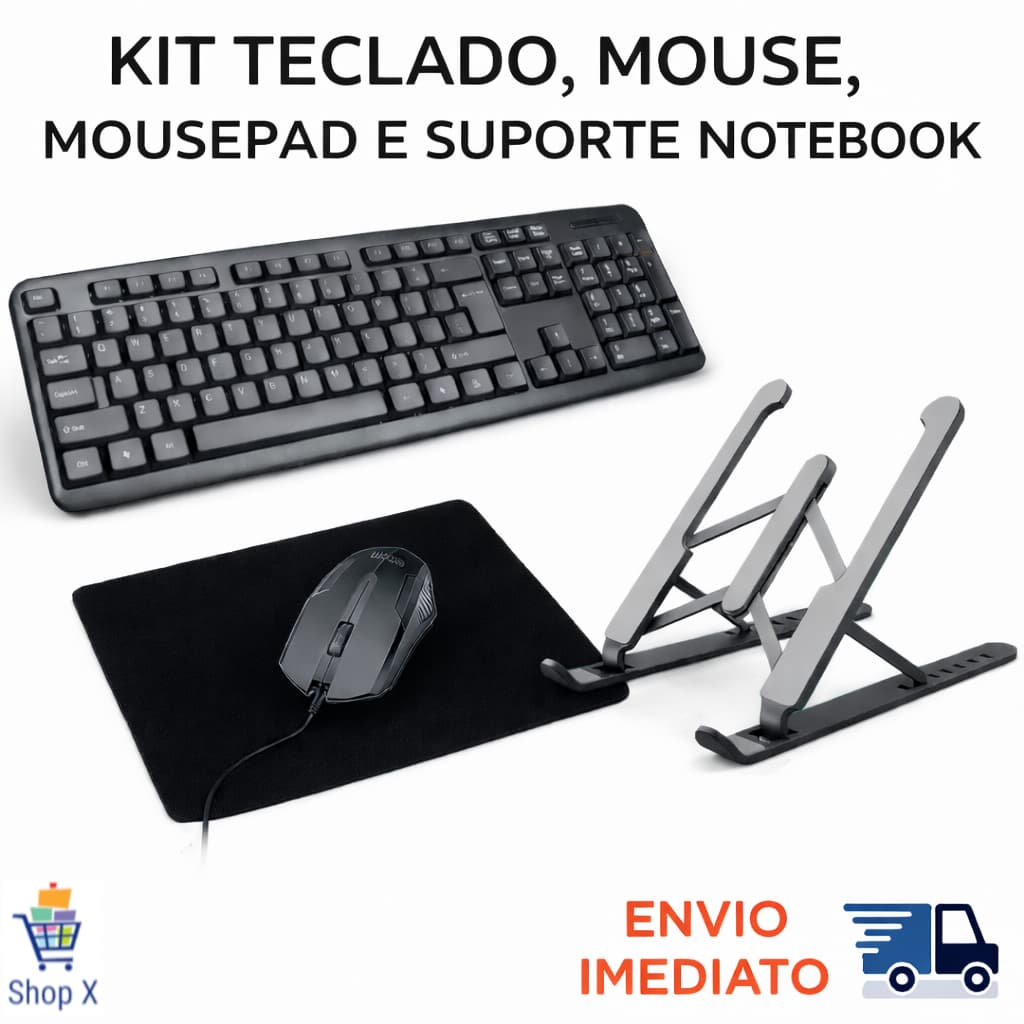 Kit Home Office Teclado + Suporte Notebook + Mouse e Mousepad Confortável