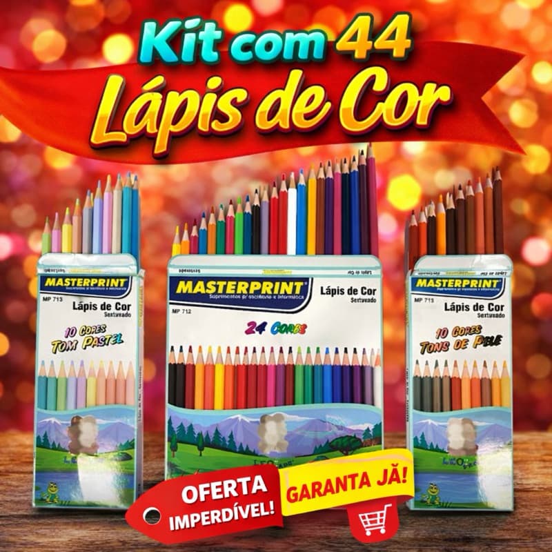 Kit 44 Lápis de Cor (24 CORES + 10 Cores Tom Pastel +10 Cores Tons de Pele) Escolar Sextavado