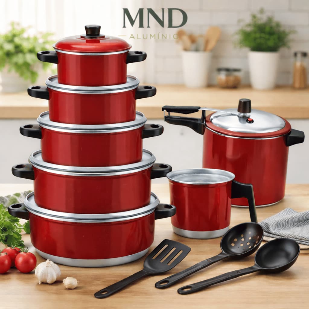 Jogo de Panelas 10 Peças Alumínio – 5 Caçarolas + Panela de Pressão 4,5l + Caneco + Brinde