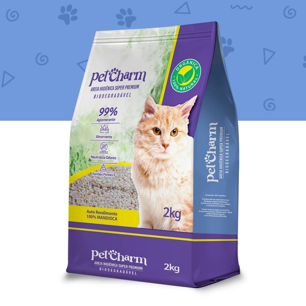 Areia Higiênica para Gato Pet Charm Orgânica de Mandioca Biodegradável Torrão Firme Sustentável 2 kg