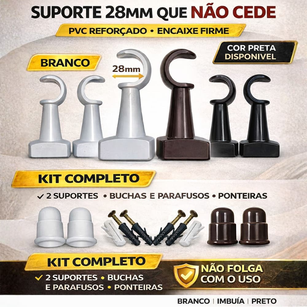 Suporte de Parede 28mm para Varão de Cortina em PVC – Sistema Fixação Estável™