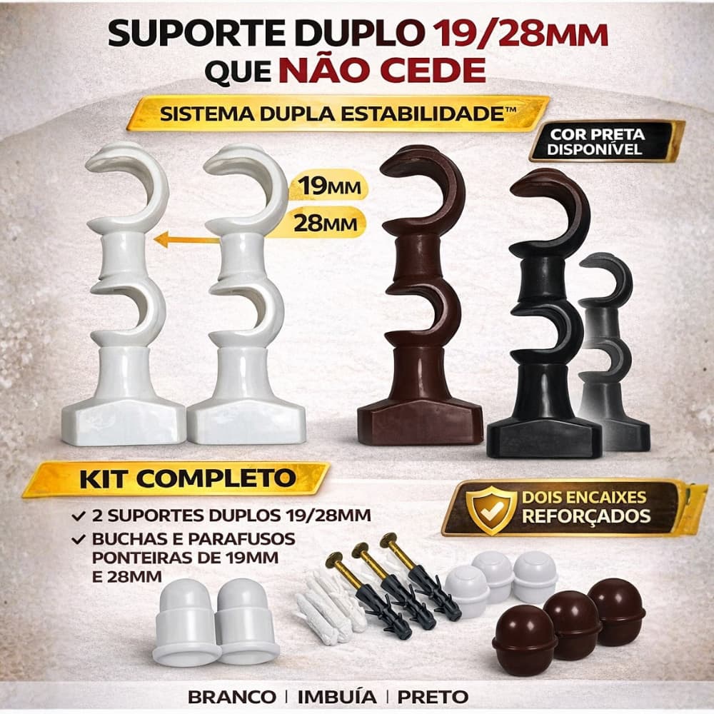 Suporte Duplo para Varão 19/28mm em PVC – Sistema Dupla Estabilidade™
