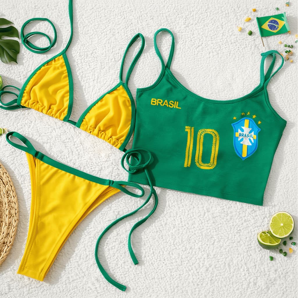 Kit 3 peças Blusinha Brasil e Biquíni Fita Brazil Marquinha Cortininha Cropped Feminino Copa Mundo Verão