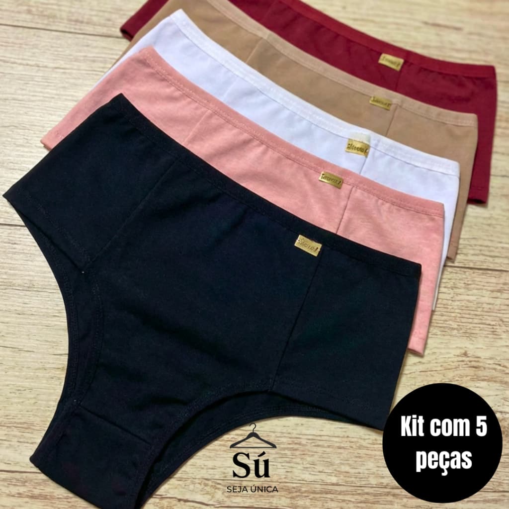 Kit com 5 Calcinhas Cintura Alta Zero Culote Lisa Redutora Lateral Larga Conforto Lingerie