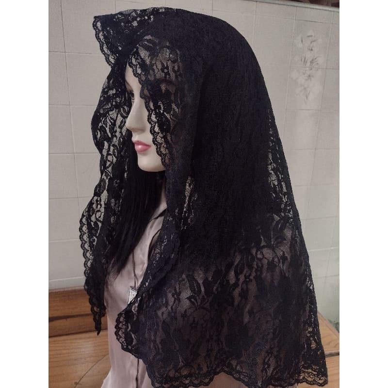 véu Católico para Missa e orações preto Nossa Senhora da Assunção com presilha e saquinho Porta véus