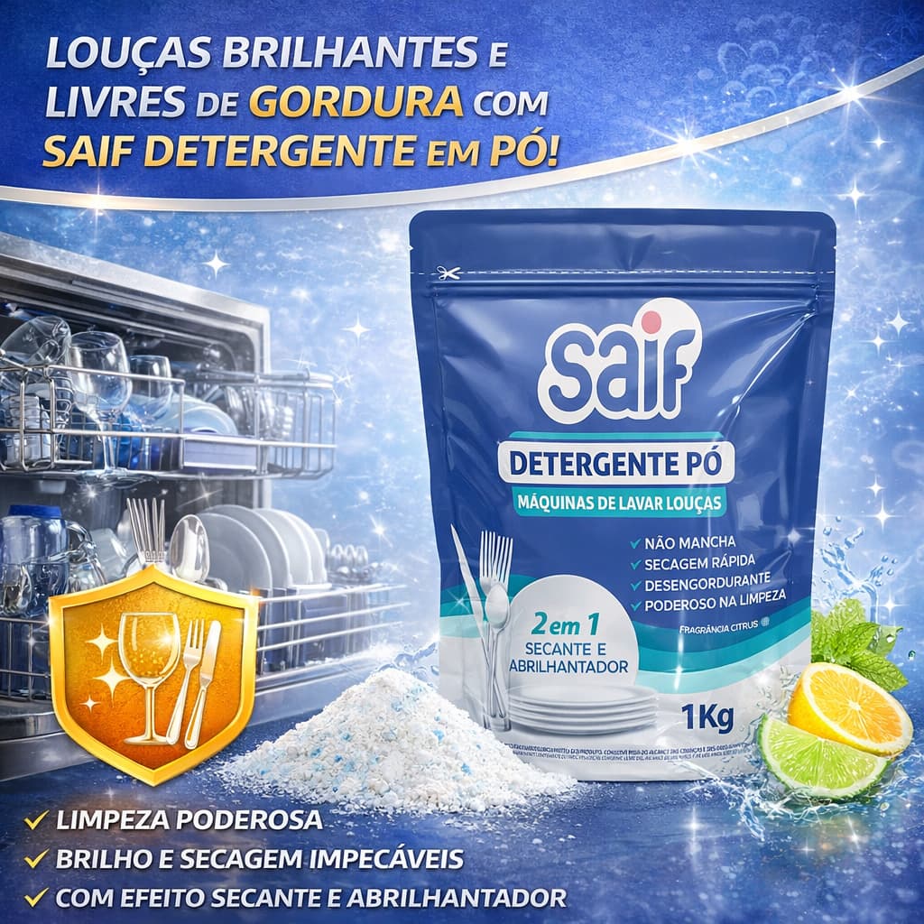 Sabão Detergente Saif em Pó para Máquina de Lavar Louças – 1kg (opções: 1kg, 2kg com 2 unidades ou 500g com 1 unidade)