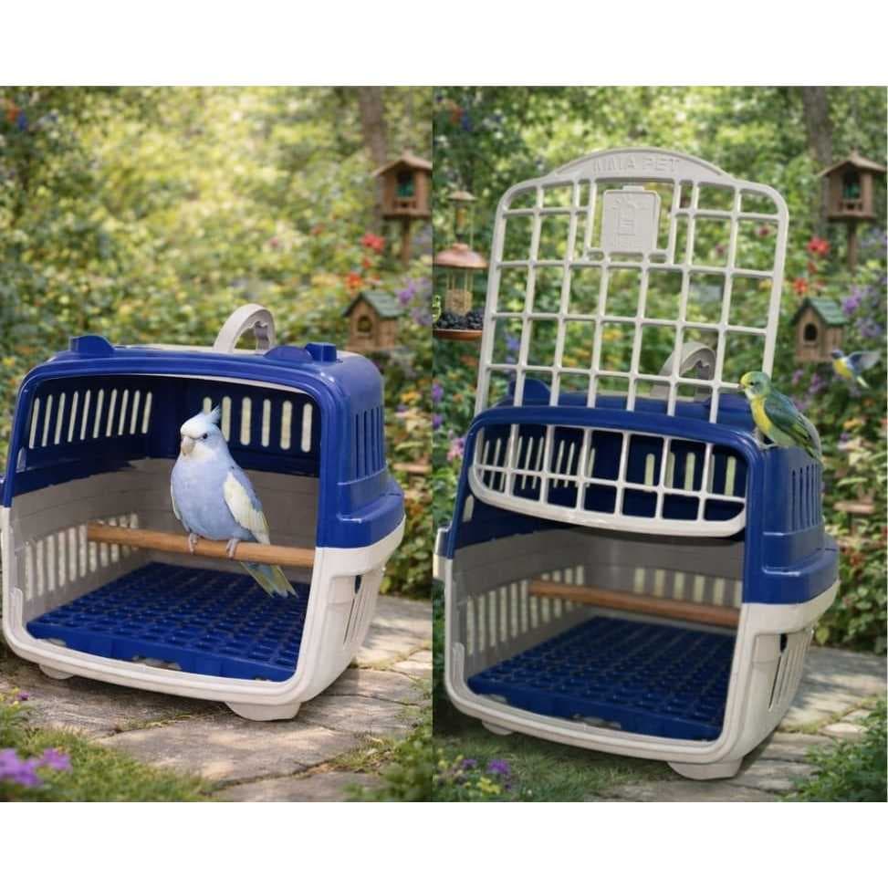 CAIXA TRANSPORTE PASSEIO PARA PASSÁROS COM POLEIRO E GRADINHA ANTI-SUJEIRA