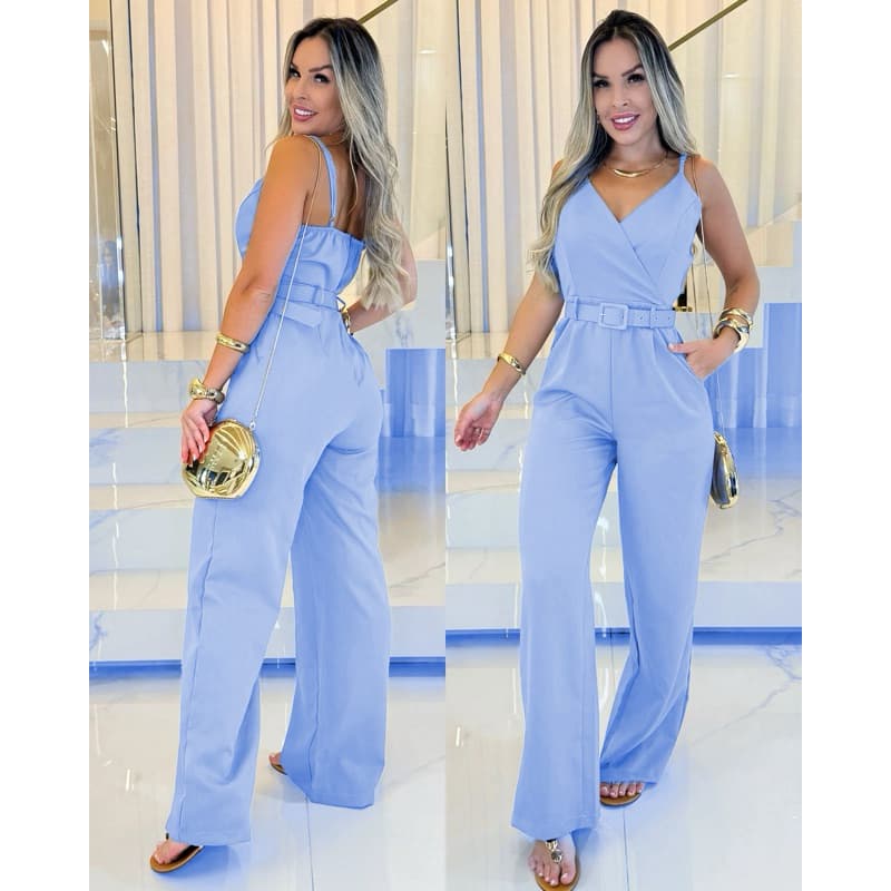 Macacão Longo Feminino Alfaiataria Com Cinto