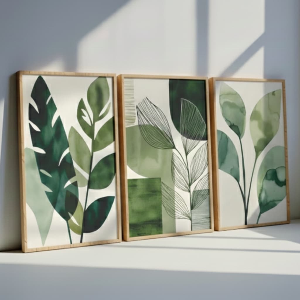 Kit Trio Quadros Decorativos Folhagem Verde Abstrato Moderno Parede Sala Quarto Natureza Botânico