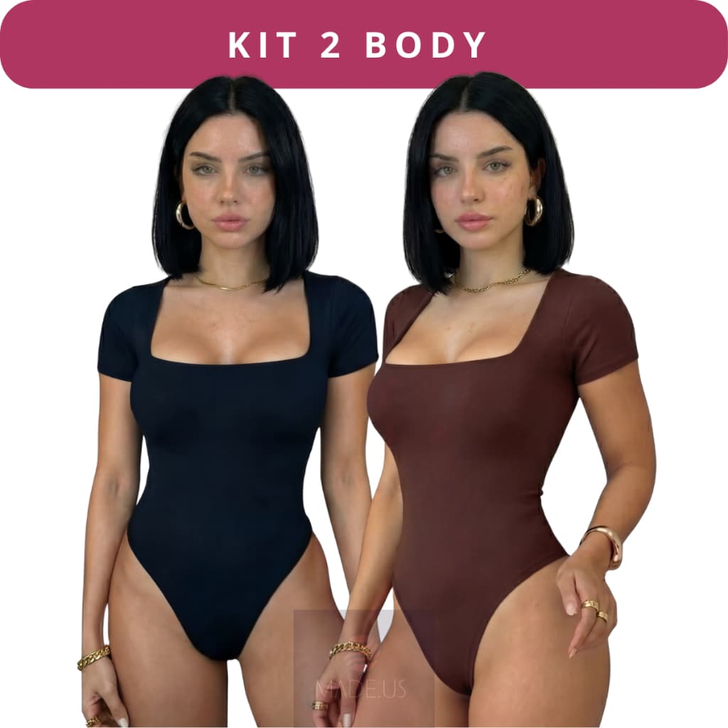 Kit 2 Body Manga Curta Decote Quadrado Feminino Liso Suplex Bory Basico