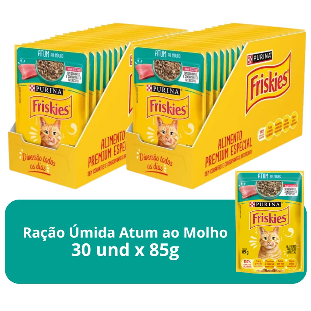 Ração Úmida Para Gatos Adultos Atum Ao Molho Friskies - 30 Sachês de 85g