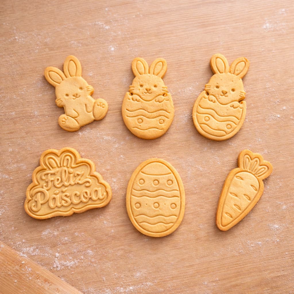 Cortadores Temáticos de Páscoa para Biscoitos Infantis 6 Peças com Cortador + Marcador interno