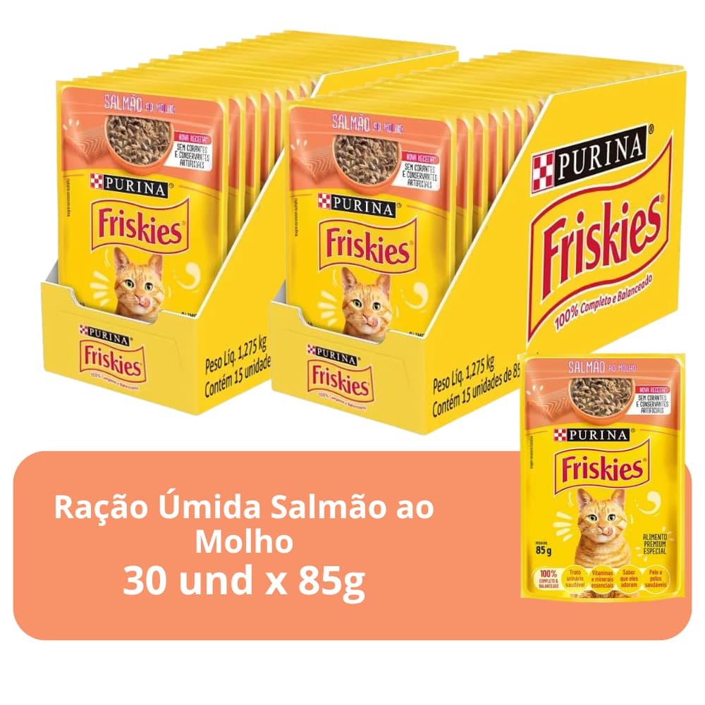 Ração Úmida Para Gatos Adultos Sabor Salmão Ao Molho Friskies - 30 Sachês de 85g
