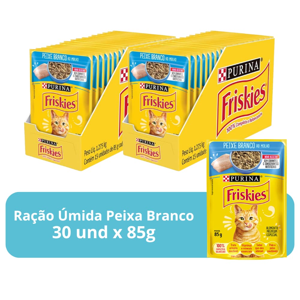 Ração Úmida Para Gatos Adultos Sabor Peixe Branco Ao Molho Friskies - 30 Sachês de 85g