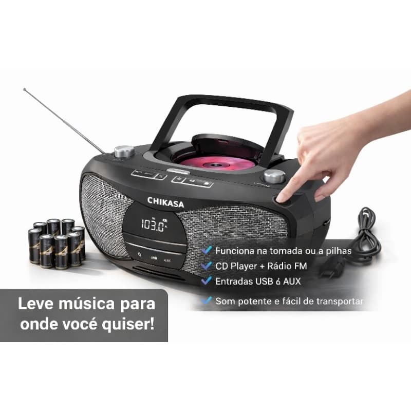 Rádio CD Portátil FM Player USB AUX Som Potente Funciona A Pilha E Tomada