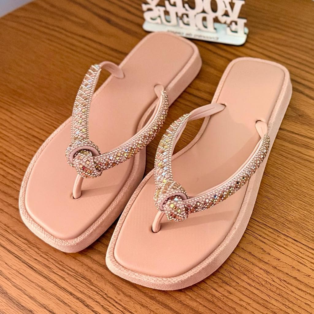 Sandália Chinelo Rasteira Feminino Glamour Nó Strass Brilhante Leve Confortável Envio Imediato