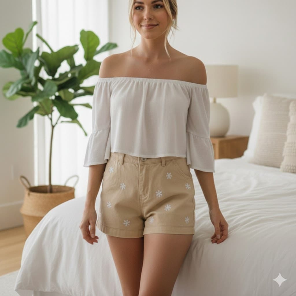 Shorts feminino de cintura alta com modelagem slim, efeito levantado e detalhes em renda branca nas laterais