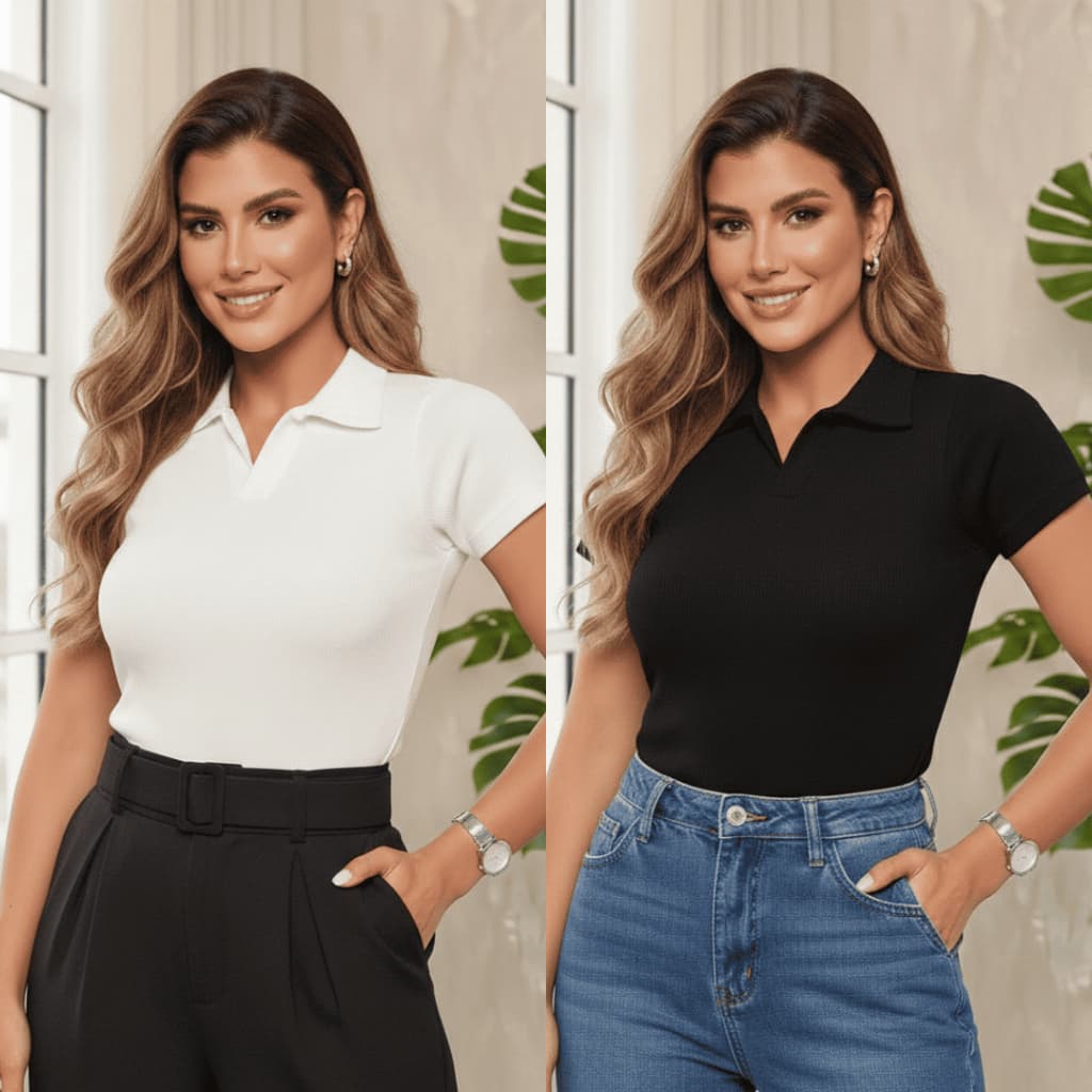 Blusa Feminina Gola Polo Italiana Ribana Canelada Premium Algodão Conforto Verao/Primavera
