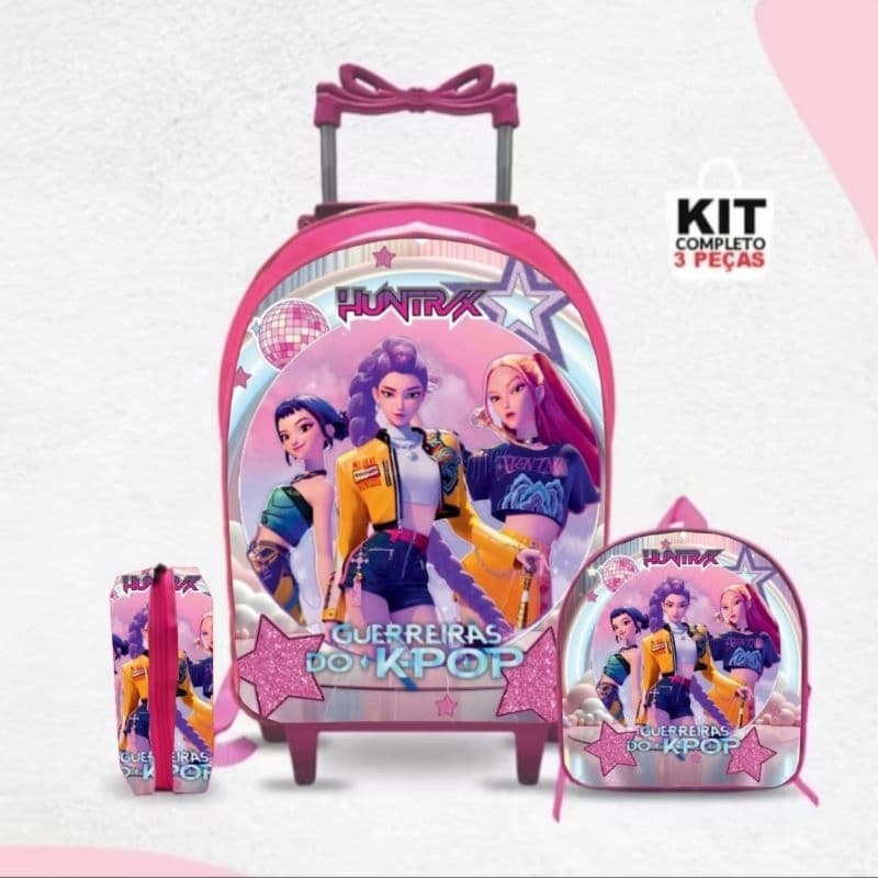 KIT Mochila+Lancheira+Estojo infantil Guerreiras do K-Pop-REFORÇADA