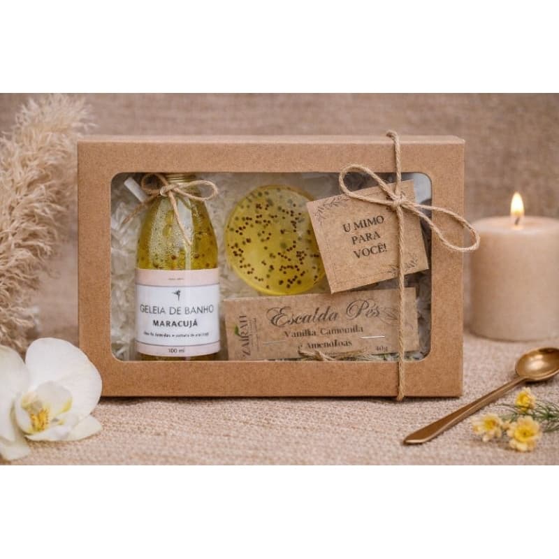 Caixa Presente Banho | Geleia de Banho+Escalda+ Sabonete Artesanal de Melancia ou Maracujá Aromaterapia Cuidado