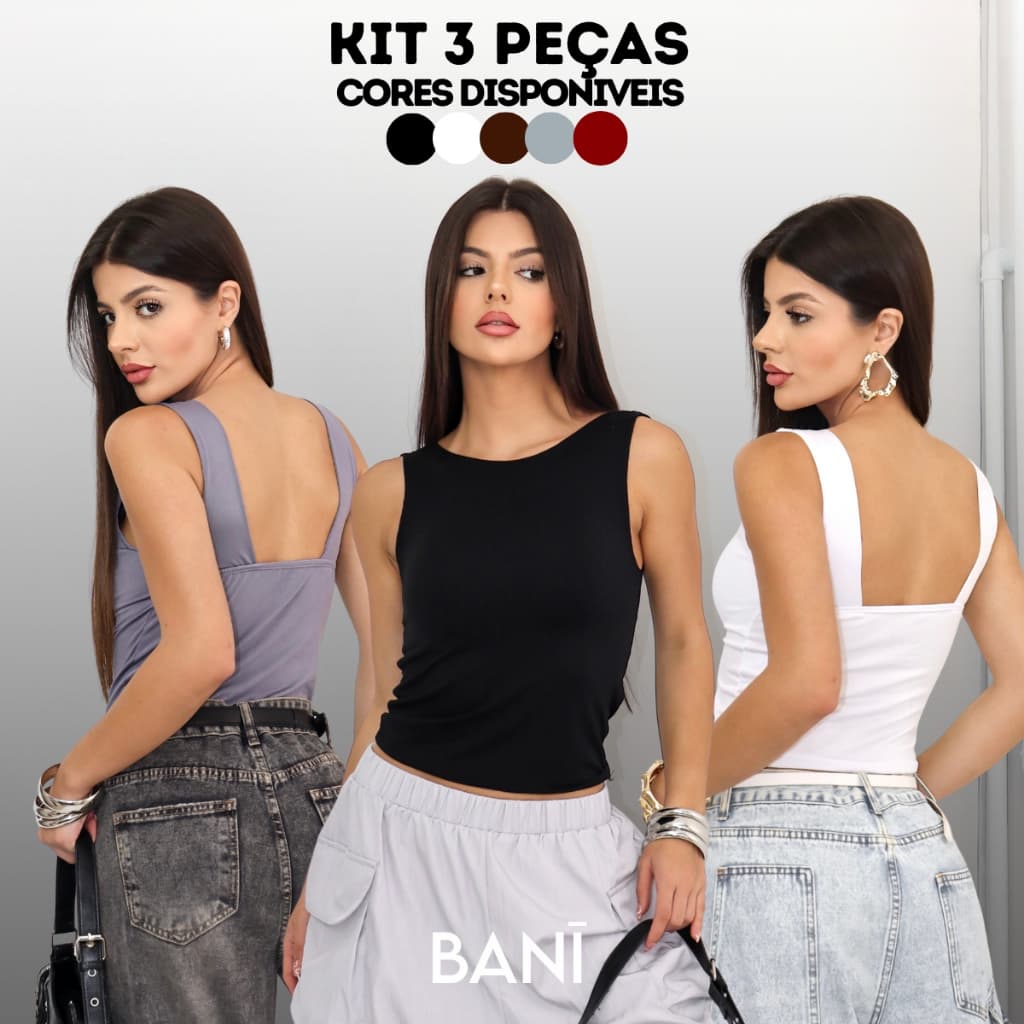 KIT 3 Regata Básica Costa Nua Feminina Suplex Blusa Cropped Baby Tee Alça Grossa Casual