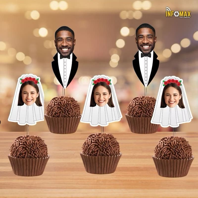 Kit Topper Casal Noivos com FOTO – Despedida de Solteira. Personalizadas para Docinhos, Cupcakes e Salgados