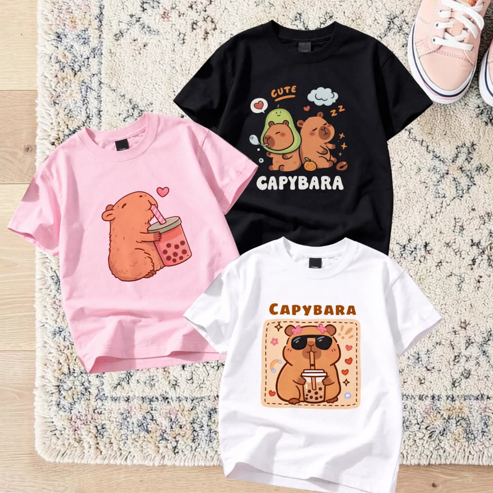 Kit 3 Camisetas Basica Infantil Feminina Menina Estampada Varias Cores Blusinhas Estampadas Capybara