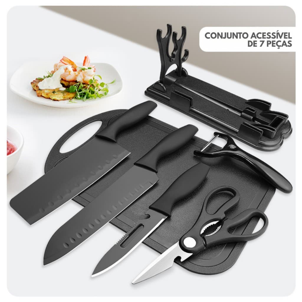 Conjunto de Utensílios de Cozinha 7 Peças Inox com Tábua e Suporte - Cabos Ergonômicos, Kit Completo para Cozinha  Conju