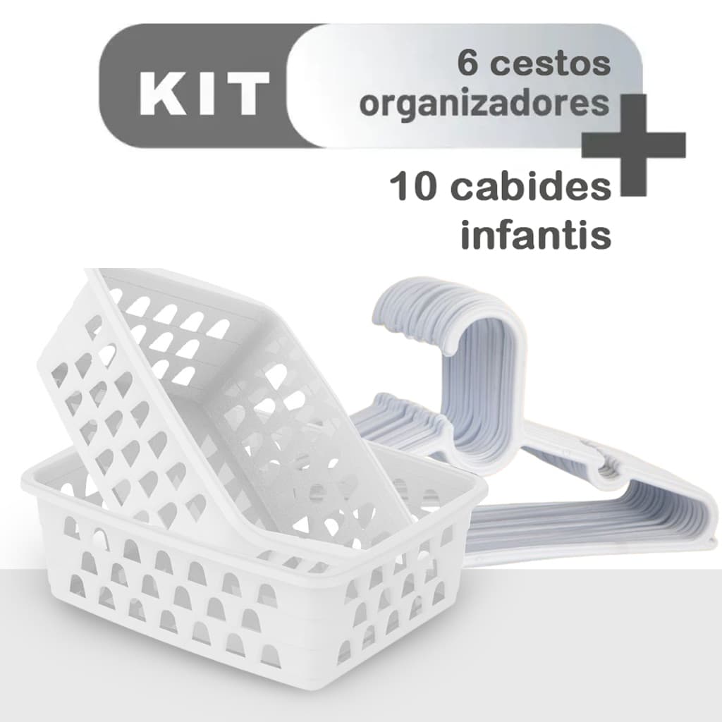 Combo Enxoval 10 Cabides Infantil + 6 Cestos Multiuso Branco