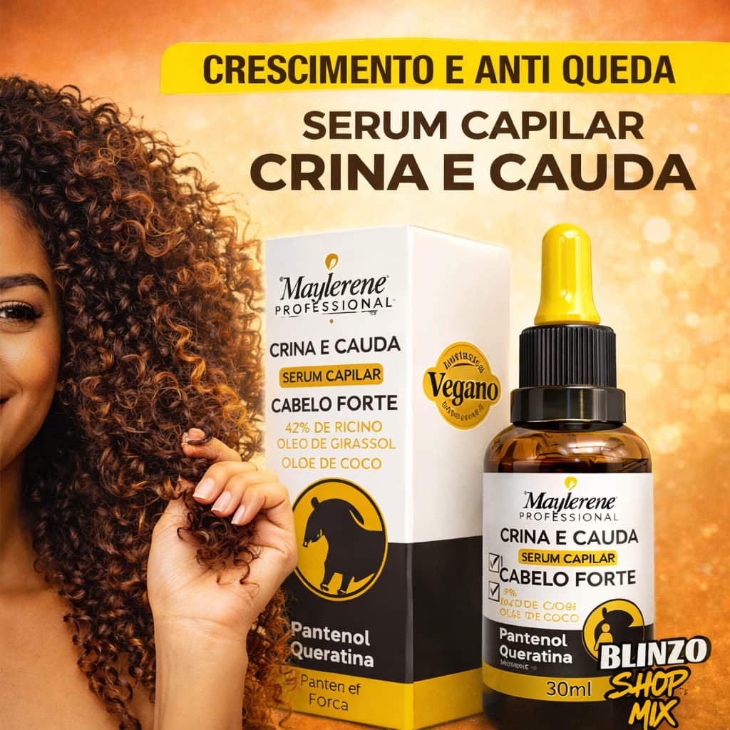 Sérum Capilar Crina e Cauda Cabelos Fortes 30ml - Rico em Óleo de Ricino, Girassol, Coco Pantenol
