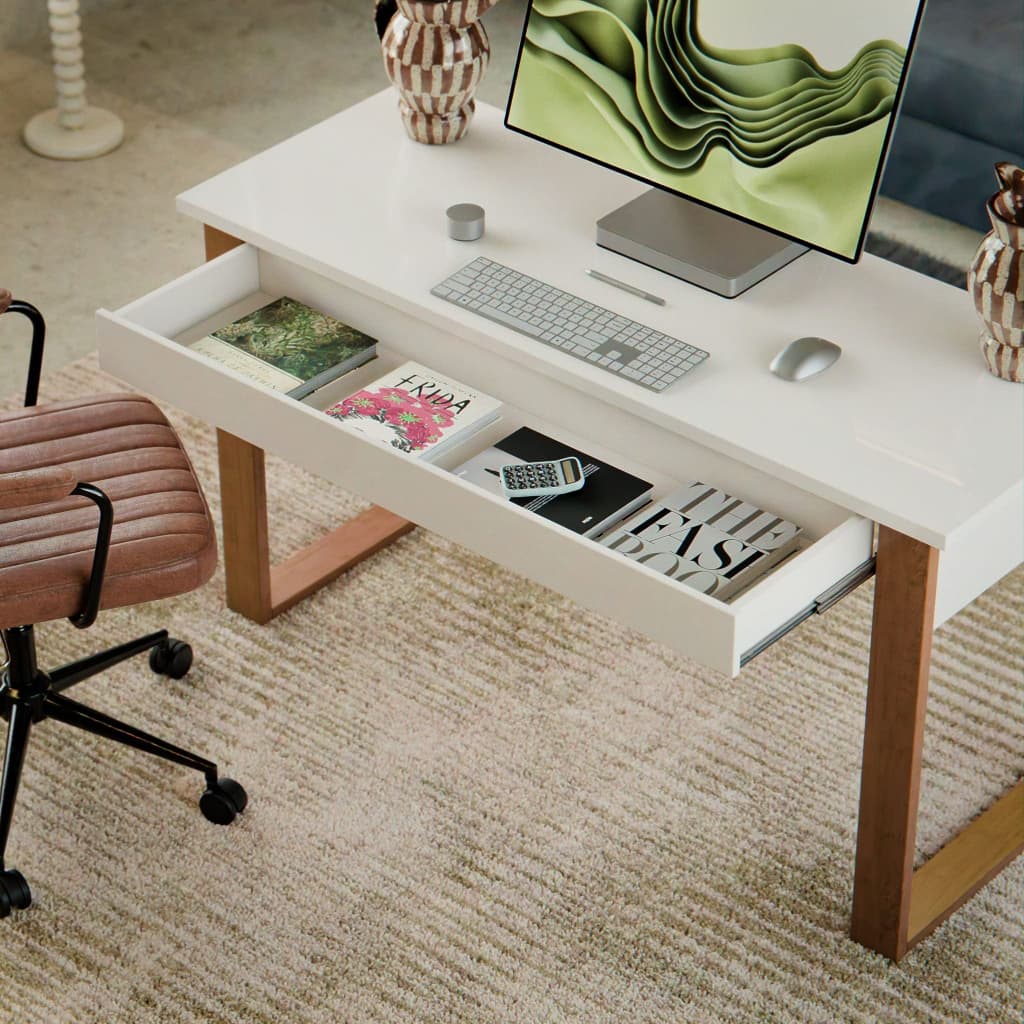 Mesa Escrivaninha Para Escritório Estilo Industrial Com Gaveta Cor Off White/Freijó Casa Lustre