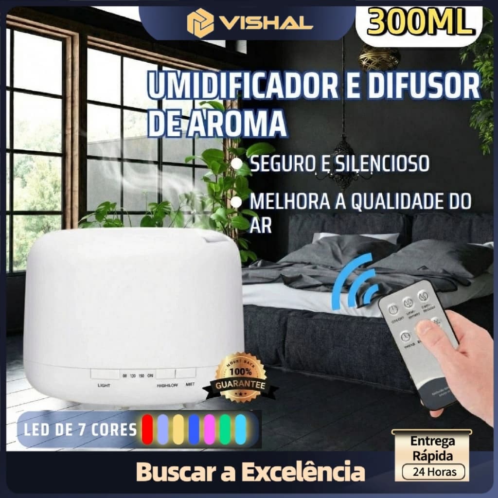 Umidificador Ultrassônico 500ml  Difusor com Luz LED 7 Cores, Design Branco Moderno e Controle Remoto para Neblina Fina