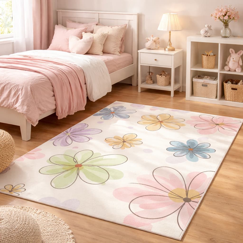 Tapete Decorativo Infantil 118x70cm Antiderrapante Sala, Quarto e Escritório Flores Rosa