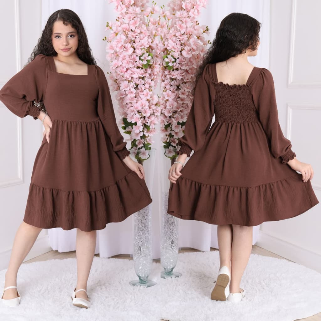 vestido curto de manga bufante longo/infantil/juvenil/meninas