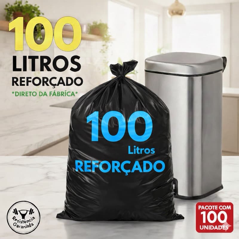 Sacos de Lixo Preto 100 Litros Reforçado com 100 Unidades