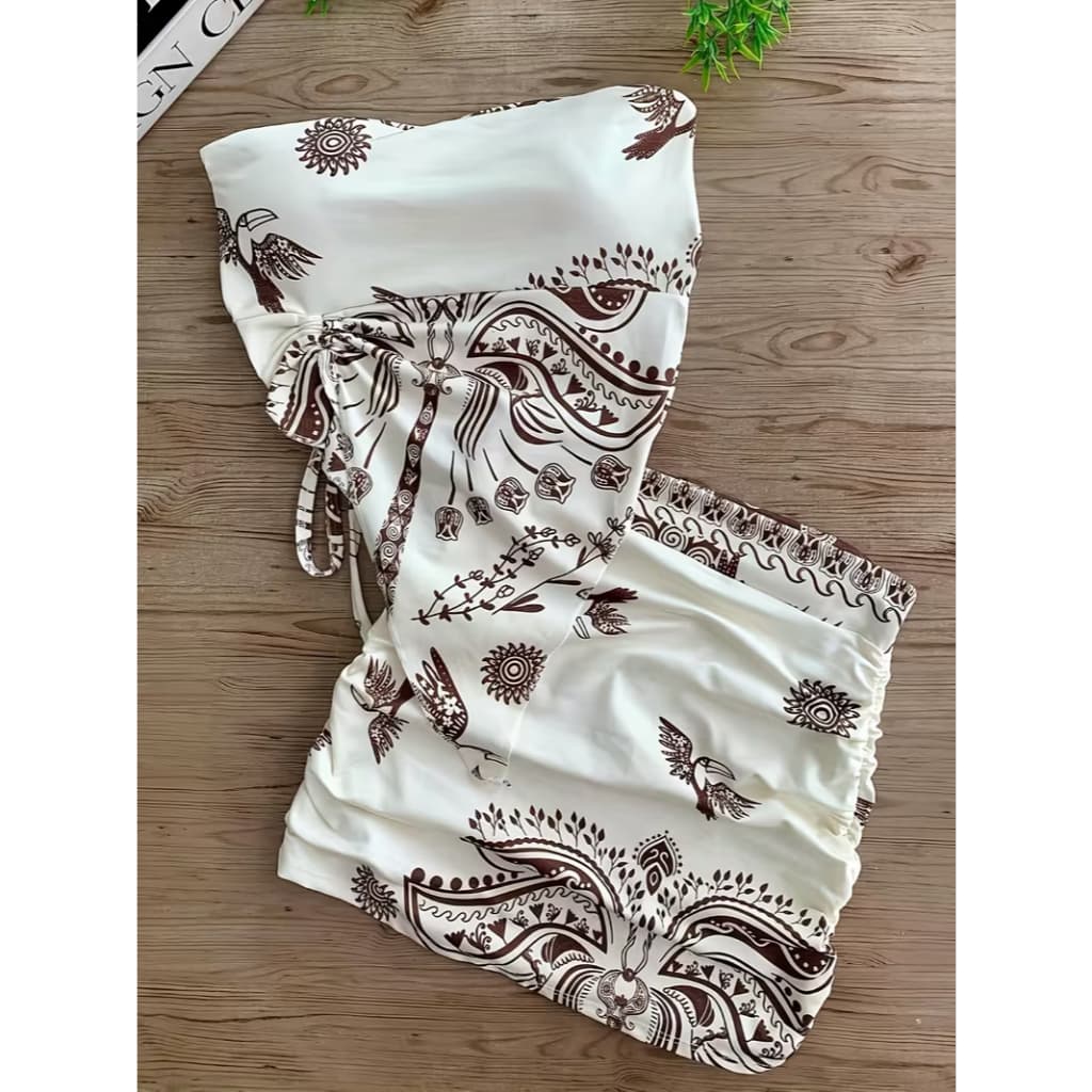 Conjunto Feminino Estampado Cropped Assimétrico com Bojo + Mini Saia Franzida  Moda Verão Tendência