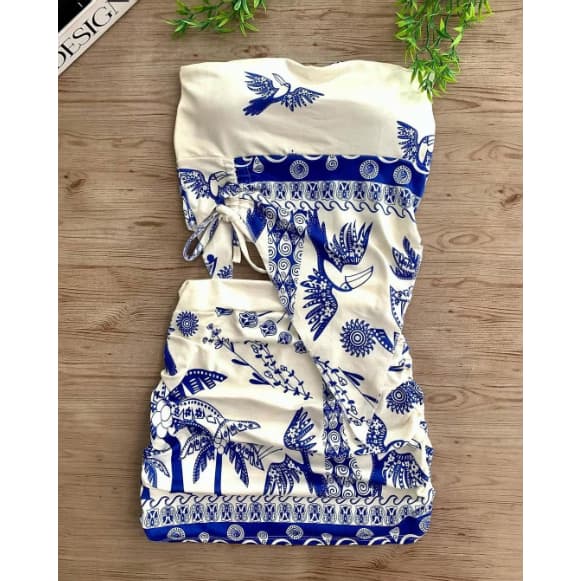 Conjunto Feminino Estampado Cropped Tomara que Caia Assimétrico com Bojo + Mini Saia Franzida Verão