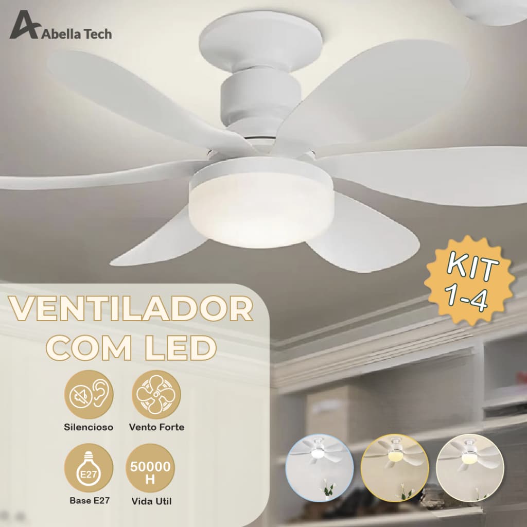 Ventilador de Teto PRO 80W ou 60W Super LED Lâmpada E27 Controle Remoto Luminária Economica de Energia 6 lâminas Bivolt