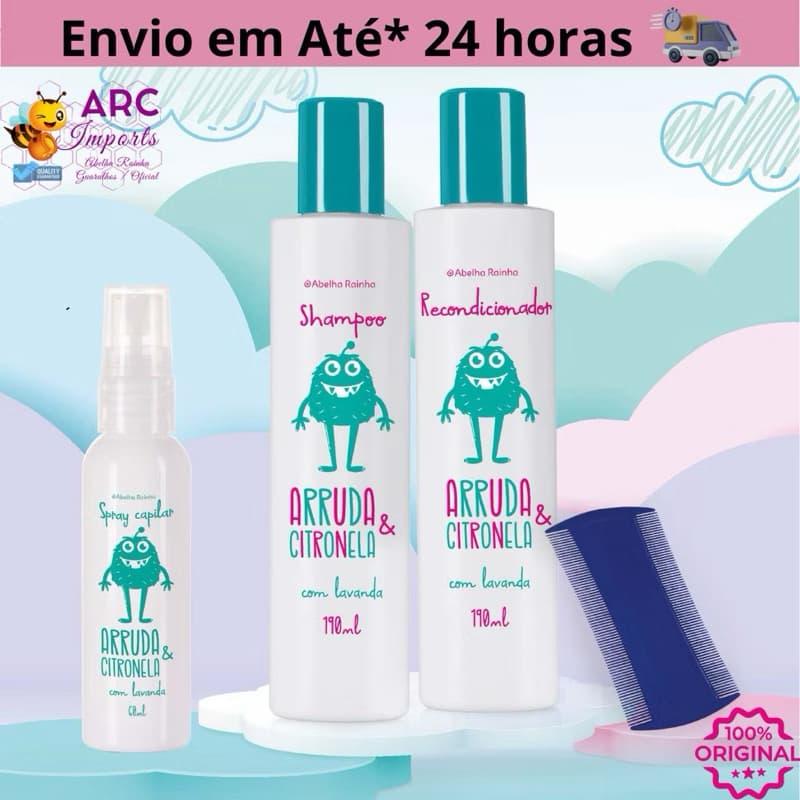 Mata Piolho Shampoo, Recondicionador e Spray Antipiolho Arruda Citronela Mata Lêndeas - Abelha Rainha