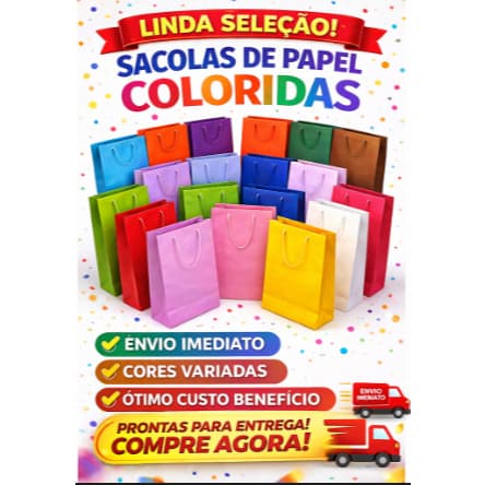 KIT Sacolas de Papel Lisas – Várias Cores KIT 10 / 20 / 30 / 50 Unidades