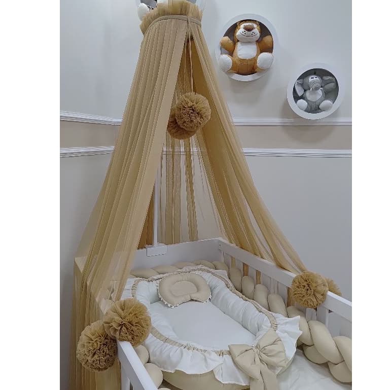 Mosquiteiro Com Suporte para Berço Portátil Adaptável Com Pompom Dossel Microtule