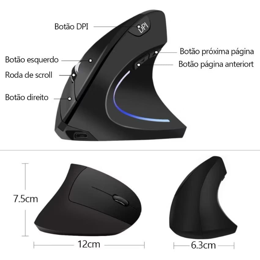 Mouse vertical sem fio, dual mode Bluetooth 2,4 GHz, design ergonômico com LED RECARREGAVEL OU COM PILHA