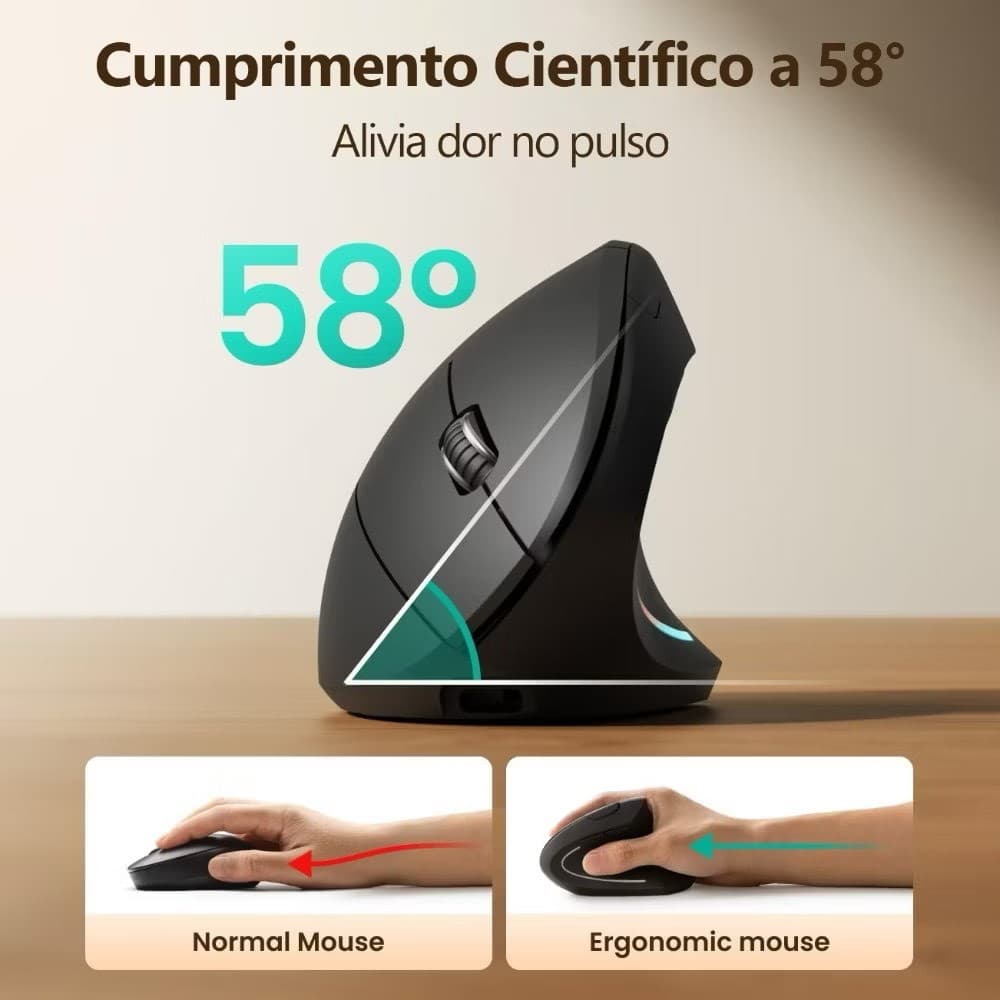 Mouse vertical sem fio, dual mode Bluetooth 2,4 GHz, design ergonômico com LED RECARREGAVEL