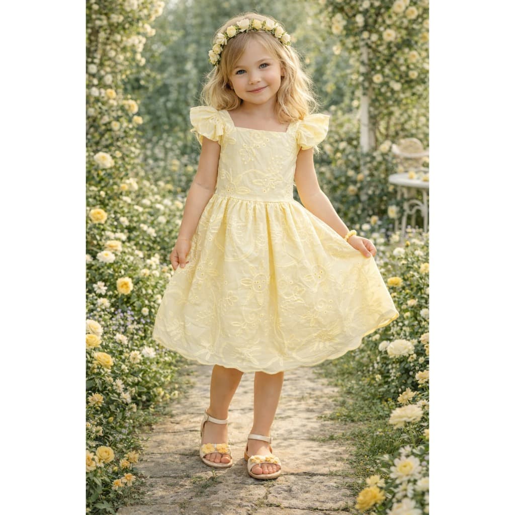 Vestido Infantil Laise Broderie Amarelo Bebê Babados e Ajustes Costas