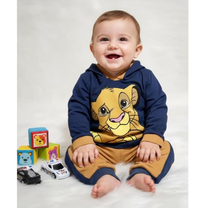 Conjunto Bebê Menino com capuz Camiseta Manga Longa Desenho Simba e Mickey + Calça Confortável RN