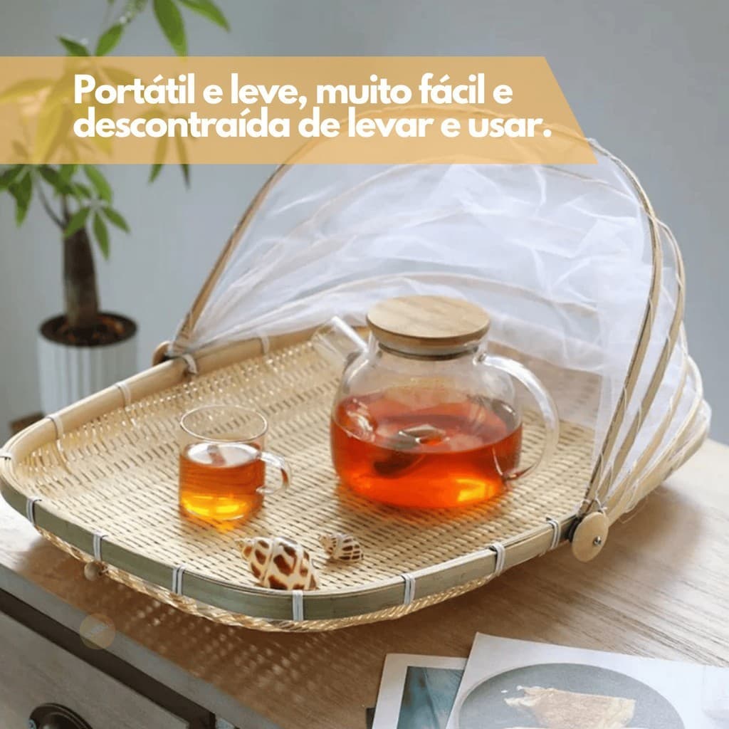 Cesto Porta Pães Bolo FRUTAS  Bambu Cobertura Tela Retrátil 42cm - MUNDIART casa cozinha
