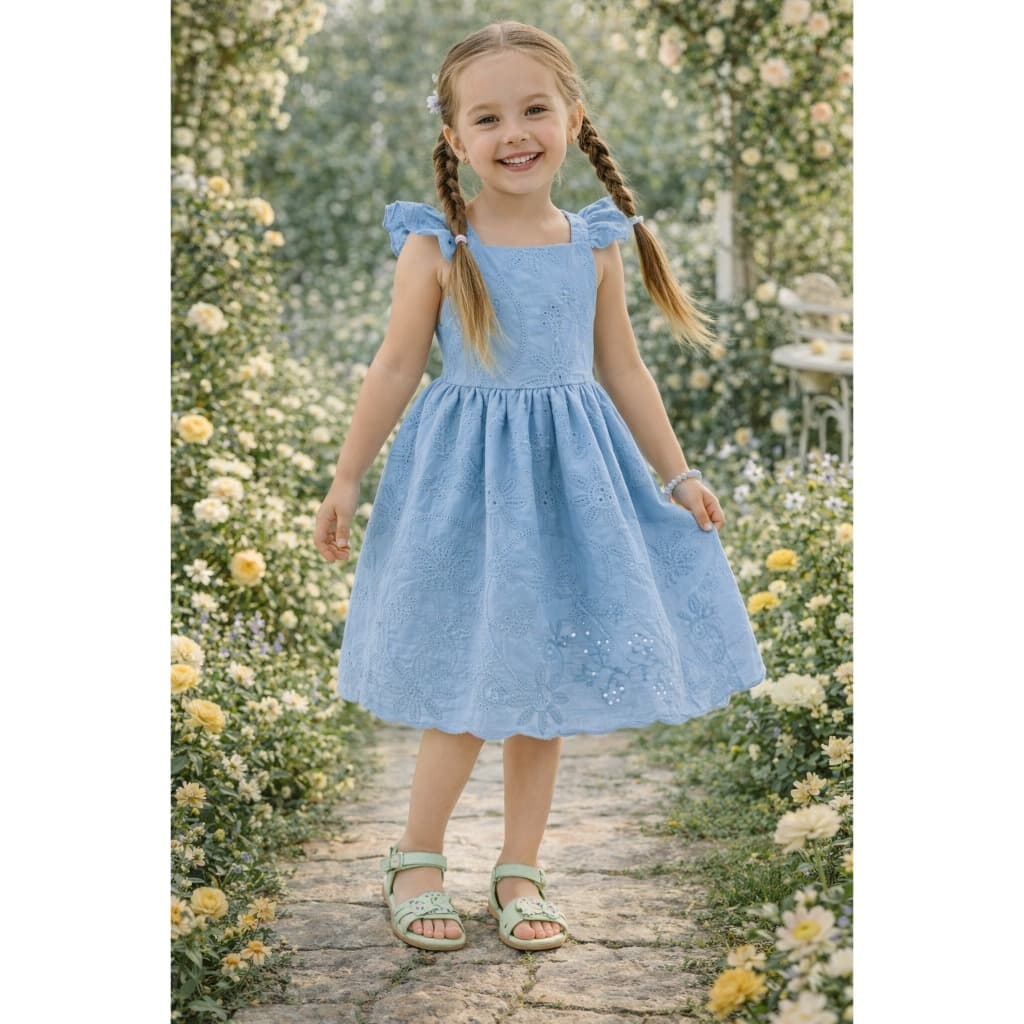 Vestido Infantil Laise Broderie Azul Bebê Babados e Ajustes Costas