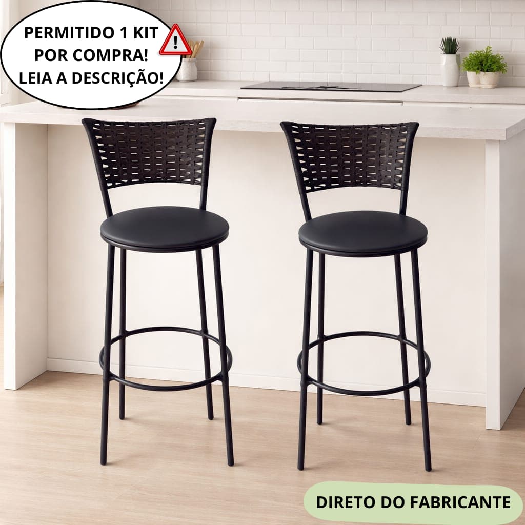 KIT DE 2 BANQUETA ALTA EM JUNCO PRETO