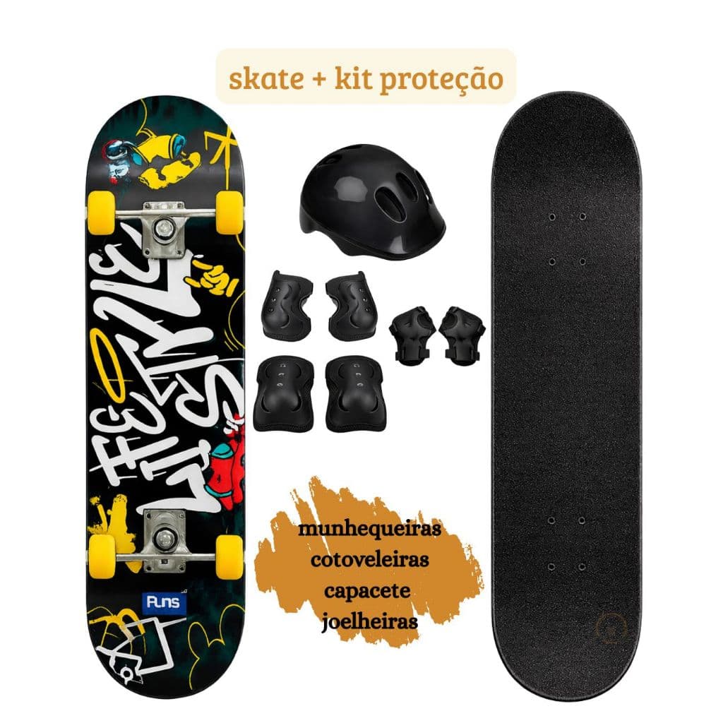Kit Skate Infantil e Juvenil Semi Profissional até 50kg + Kit de Proteção com Capacete